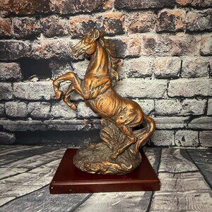 Vintage 1990's Resin Horse Statue on Wooden Base with Bronze Effect Paint